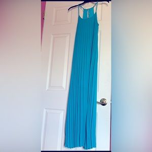 Aqua Blue long pleated dress with spaghetti straps